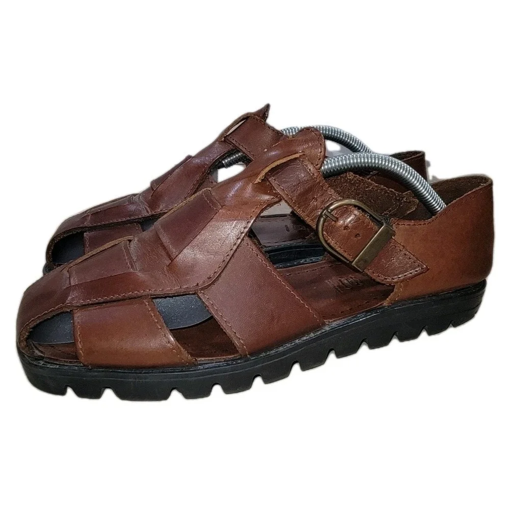 Dockers Mens Leather Fisherman Sandals 9M Brown Made In Italy Vintage Casual